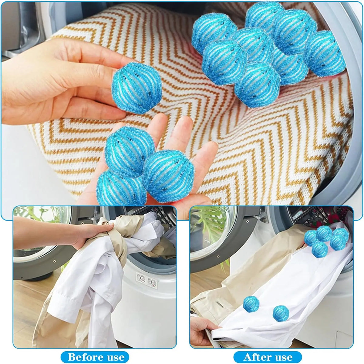 Hands demonstrate reusable lint catchers used before and after laundry.