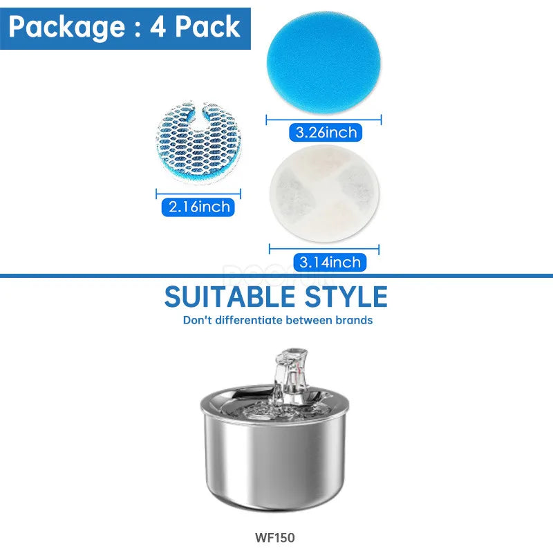 A set of four replacement filters for a pet water fountain, including blue and white silicone components.