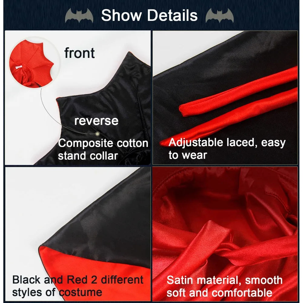 Show details of an adjustable laced vampire cape in black and red satin material for cats and small dogs