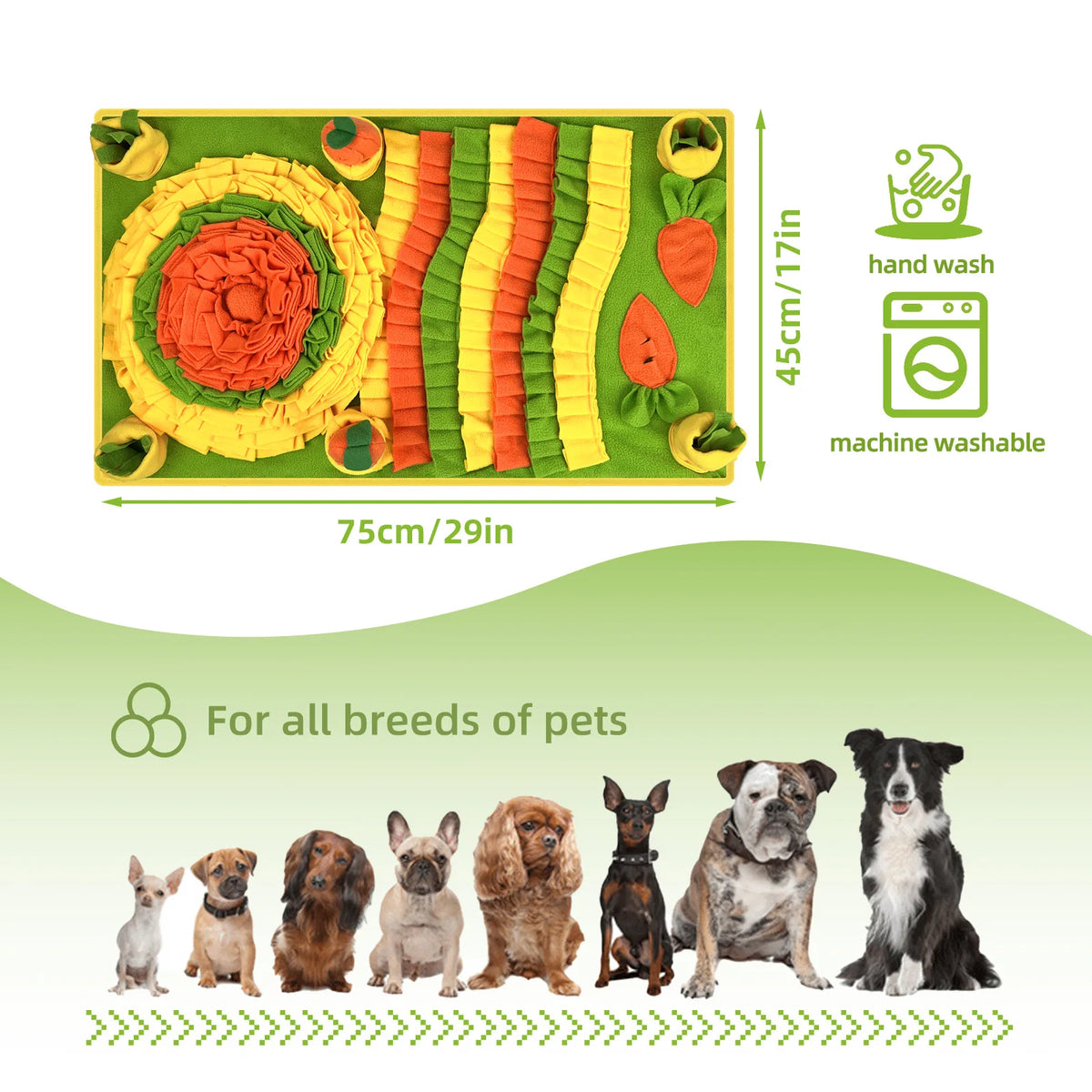 A colorful pet sniffing mat designed for dog training and slow feeding, showing various fabric strips.
