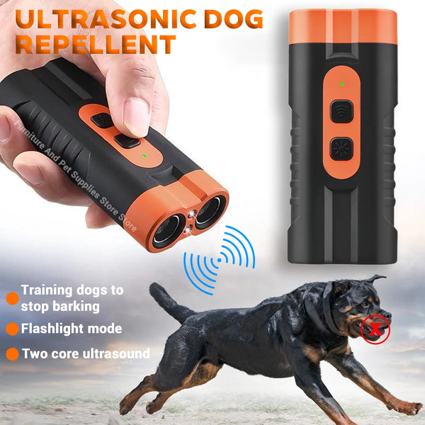 A hand holds an orange ultrasonic dog repellent device, with a dog running in the background.
