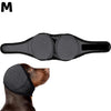 A black noise cancelling dog ear wrap is shown on a dog's head.