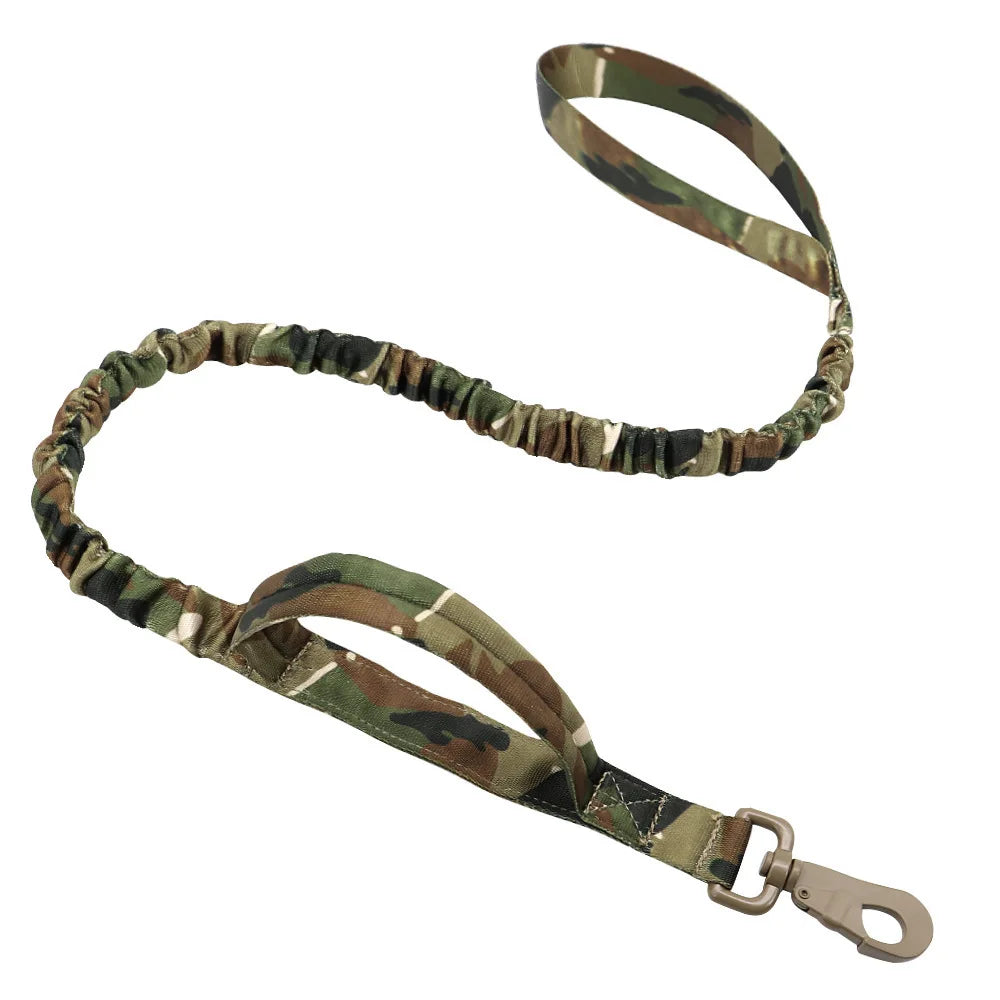 Heavy-duty tactical dog leash with dual handles and shock-absorbing bungee in camouflage pattern