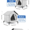 Three sizes of insulated cat houses Small Medium and Large with corresponding weight limits