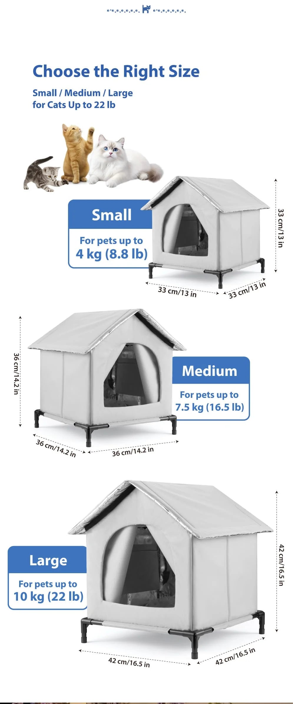 Three sizes of insulated cat houses Small Medium and Large with corresponding weight limits