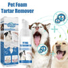 Box and bottle of Pet Oral Tartar Remover foam for dogs, shown next to a happy dog.