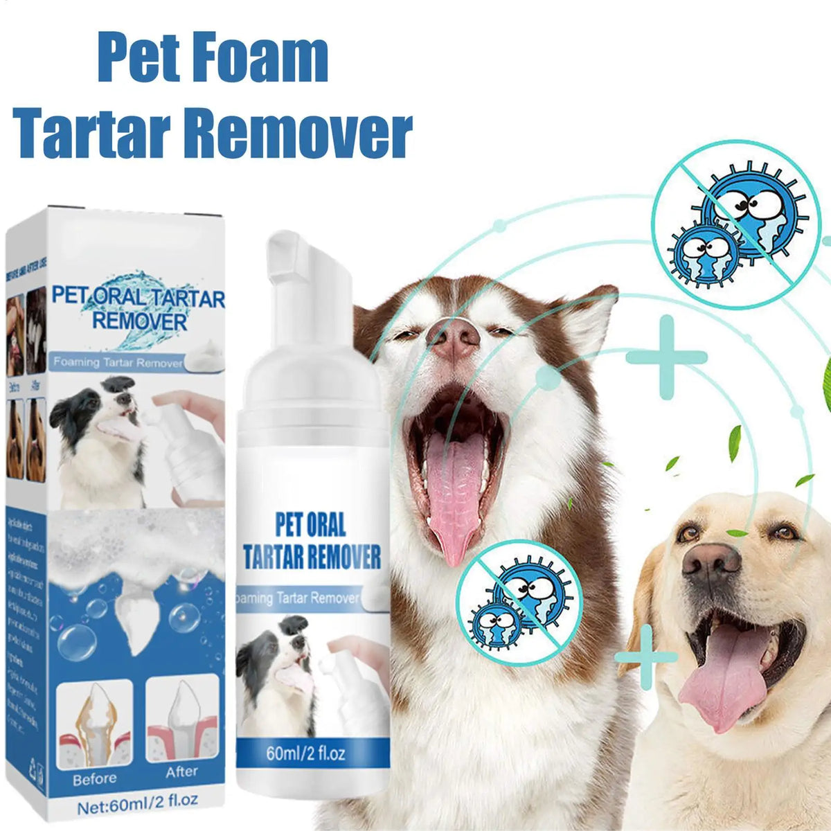 Box and bottle of Pet Oral Tartar Remover foam for dogs, shown next to a happy dog.
