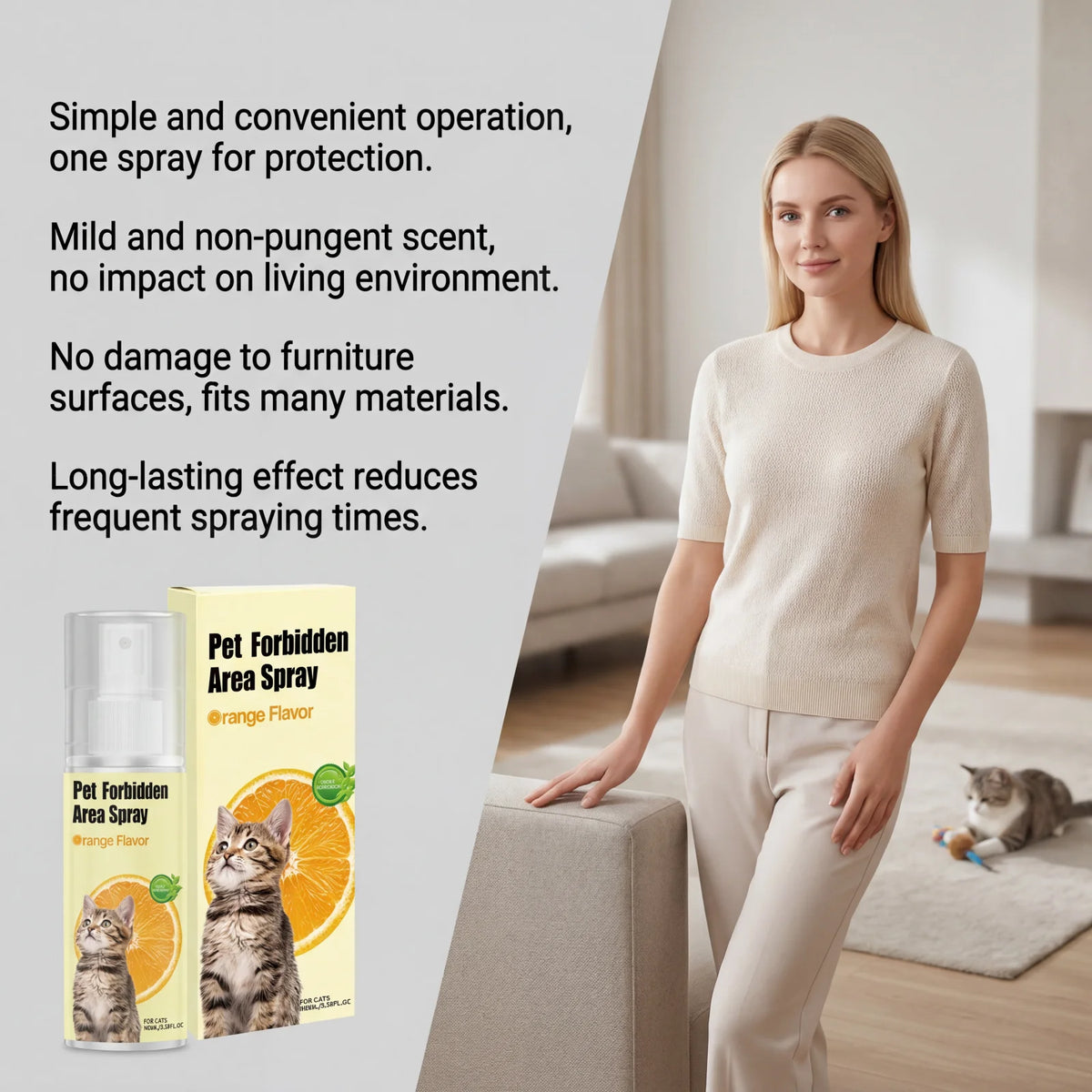 A woman holds a bottle of Pet Forbidden Area Spray while standing in a modern living room setting.