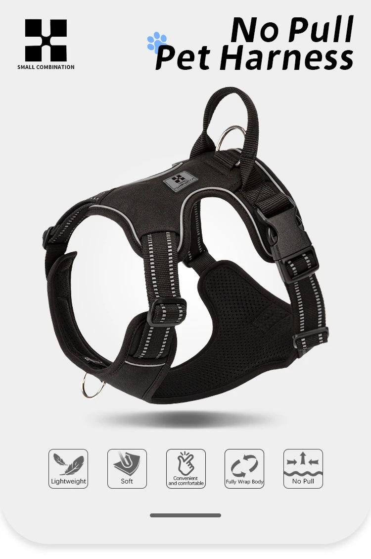 Black pet harness designed for no pull featuring quick-release buckles and a fully wrap body.