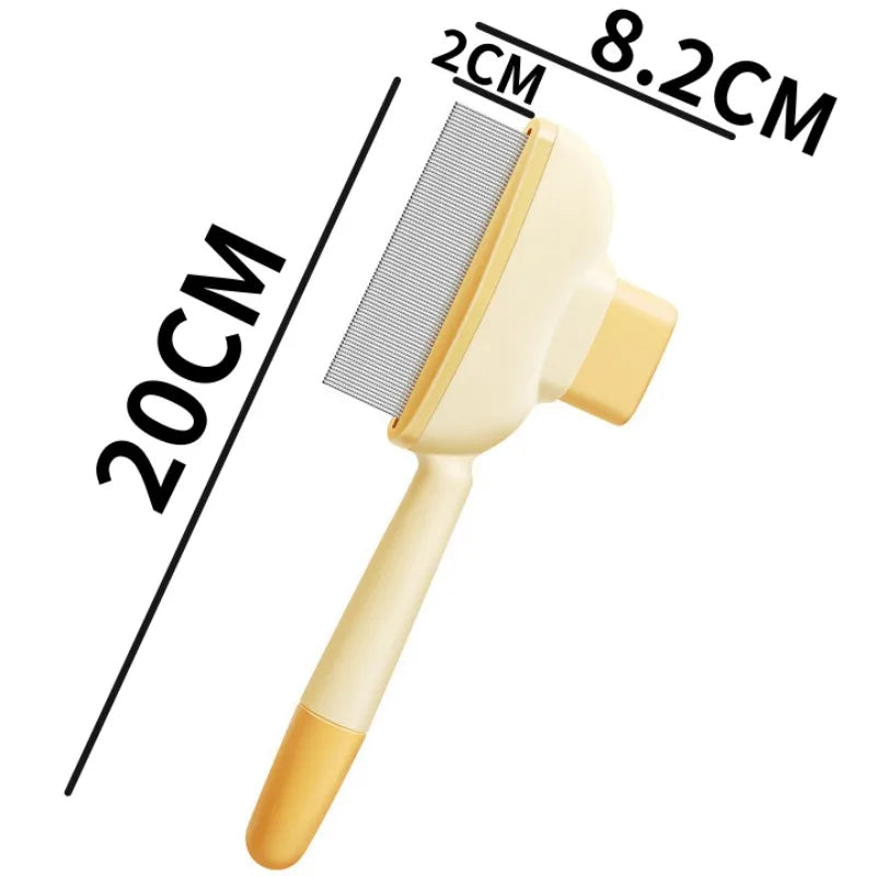 A yellow self-cleaning pet brush with massage pins shown next to dimension lines.