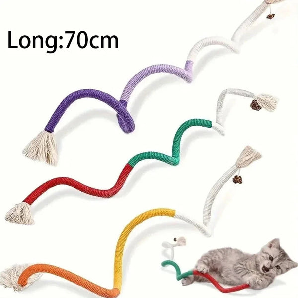 A set of long sisal cat chew rope toys in various colors including purple, green, and orange.