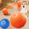 Orte orangefarbener springender Spielball für Haustiere auf einem Holzfußboden mit einem Hund in der Nähe.