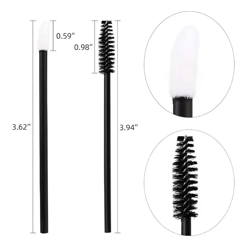 A set of disposable eyelash and eyebrow brushes shown with various sizes and dimensions.