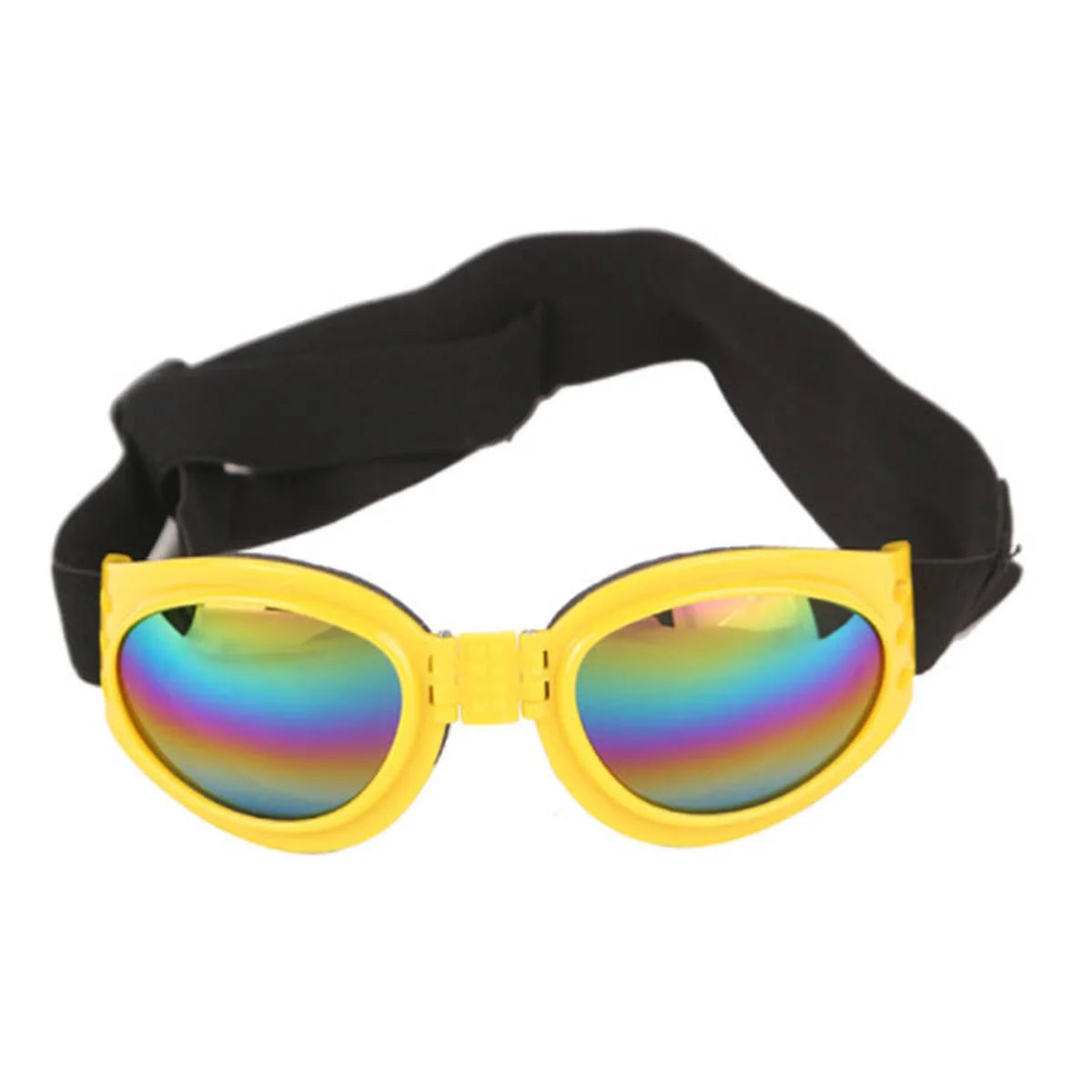 Yellow foldable pet sunglasses with iridescent lenses and a black adjustable strap