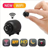 A compact black wireless security camera is shown next to a hand, with icons indicating Wi-Fi connectivity and features like 