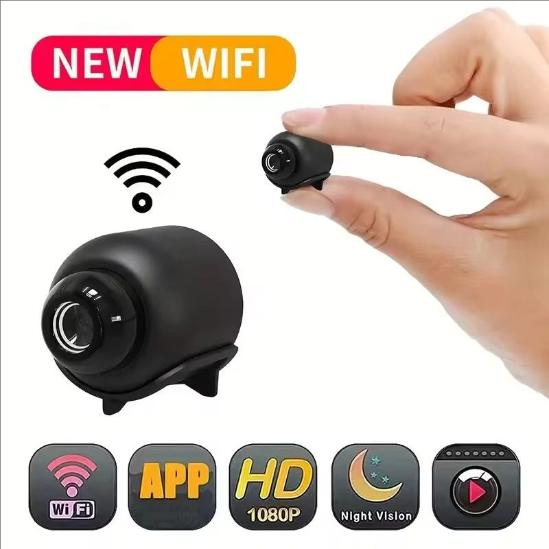 A compact black wireless security camera is shown next to a hand, with icons indicating Wi-Fi connectivity and features like 