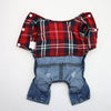 A plaid red and black denim jumpsuit for a small dog.