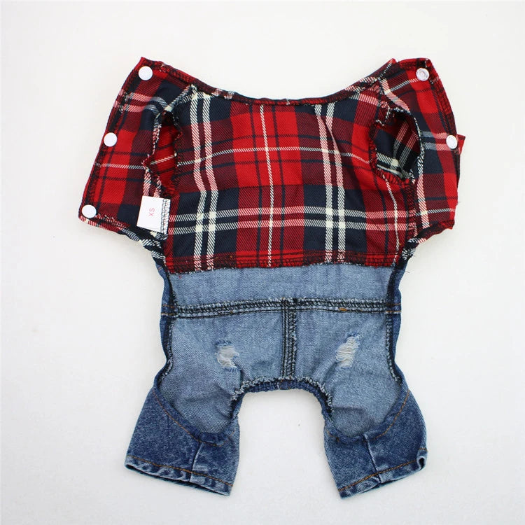 A plaid red and black denim jumpsuit for a small dog.