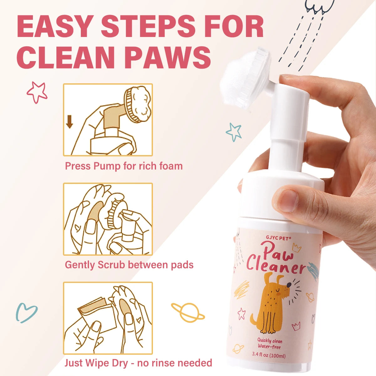 A hand is squeezing a white pump dispenser of pet paw cleaner foam for cats and dogs