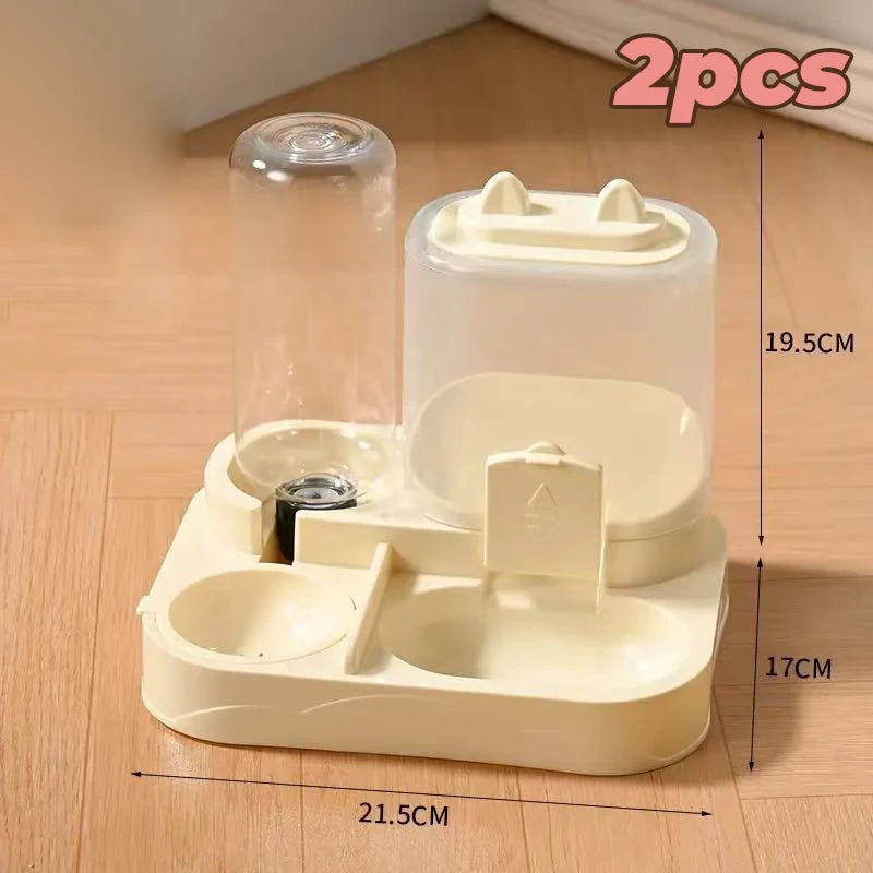 A white 2-in-1 automatic pet water and food feeder with separate compartments for liquid and solid food.