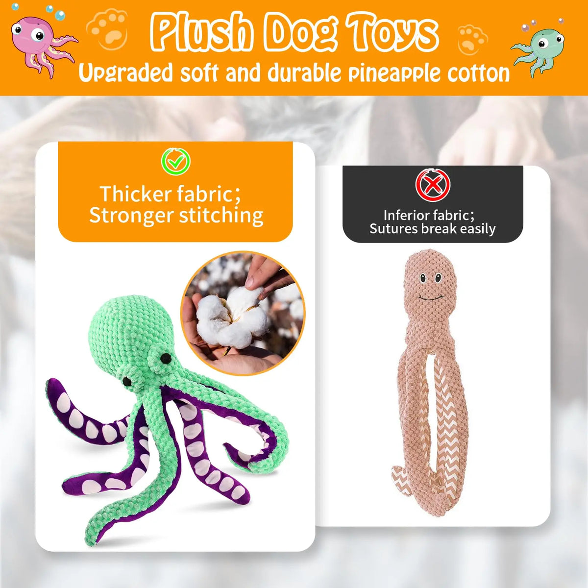A green plush octopus toy made of pineapple cotton is shown next to a beige knitted toy.
