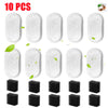 A collection of 10 white replacement filters and several black filter blocks for pet water fountains.