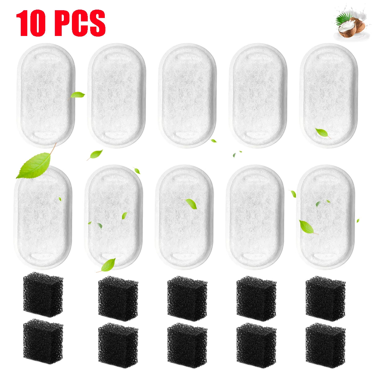 A collection of 10 white replacement filters and several black filter blocks for pet water fountains.