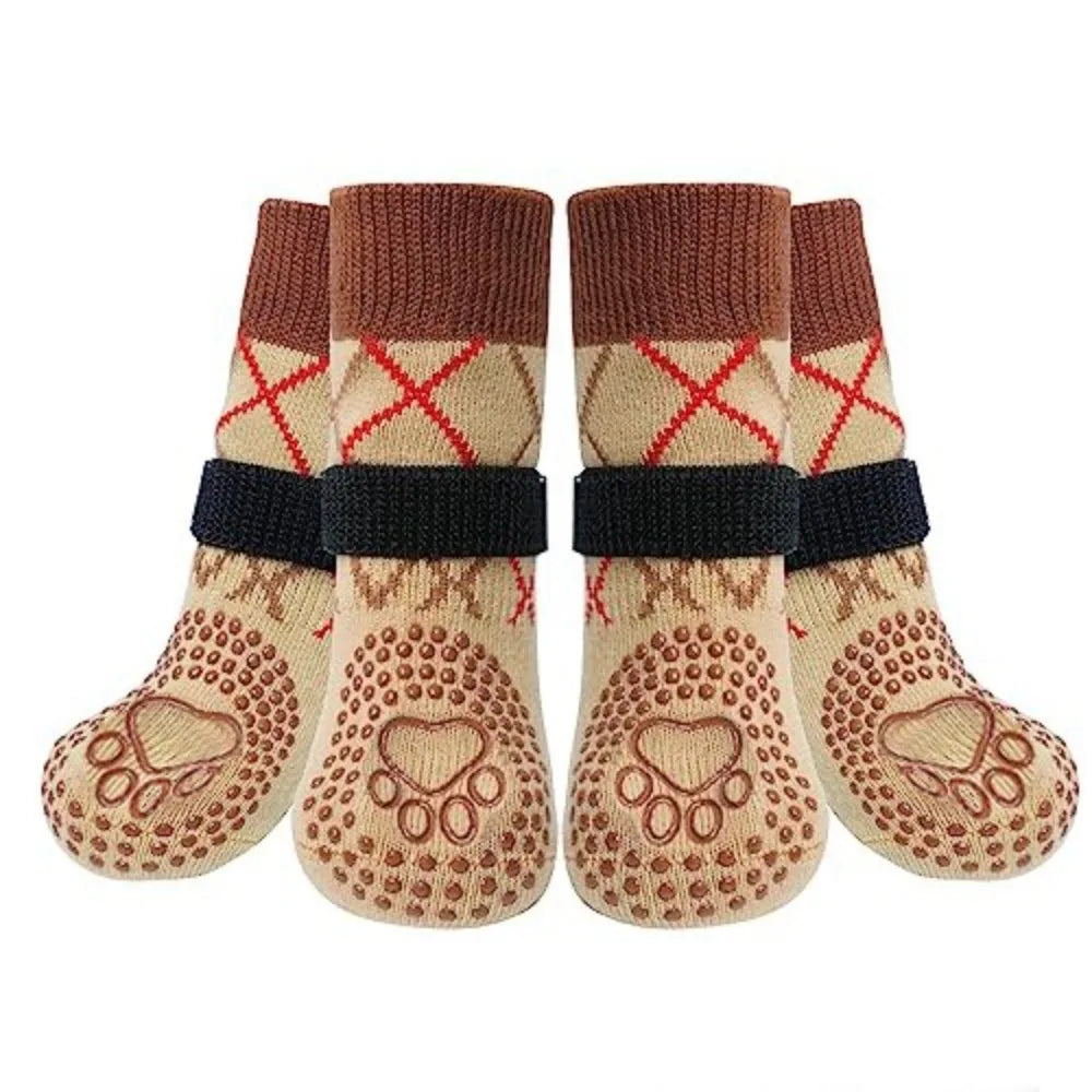Pair of knitted dog socks in tan and reddish-brown colors with adjustable black bands