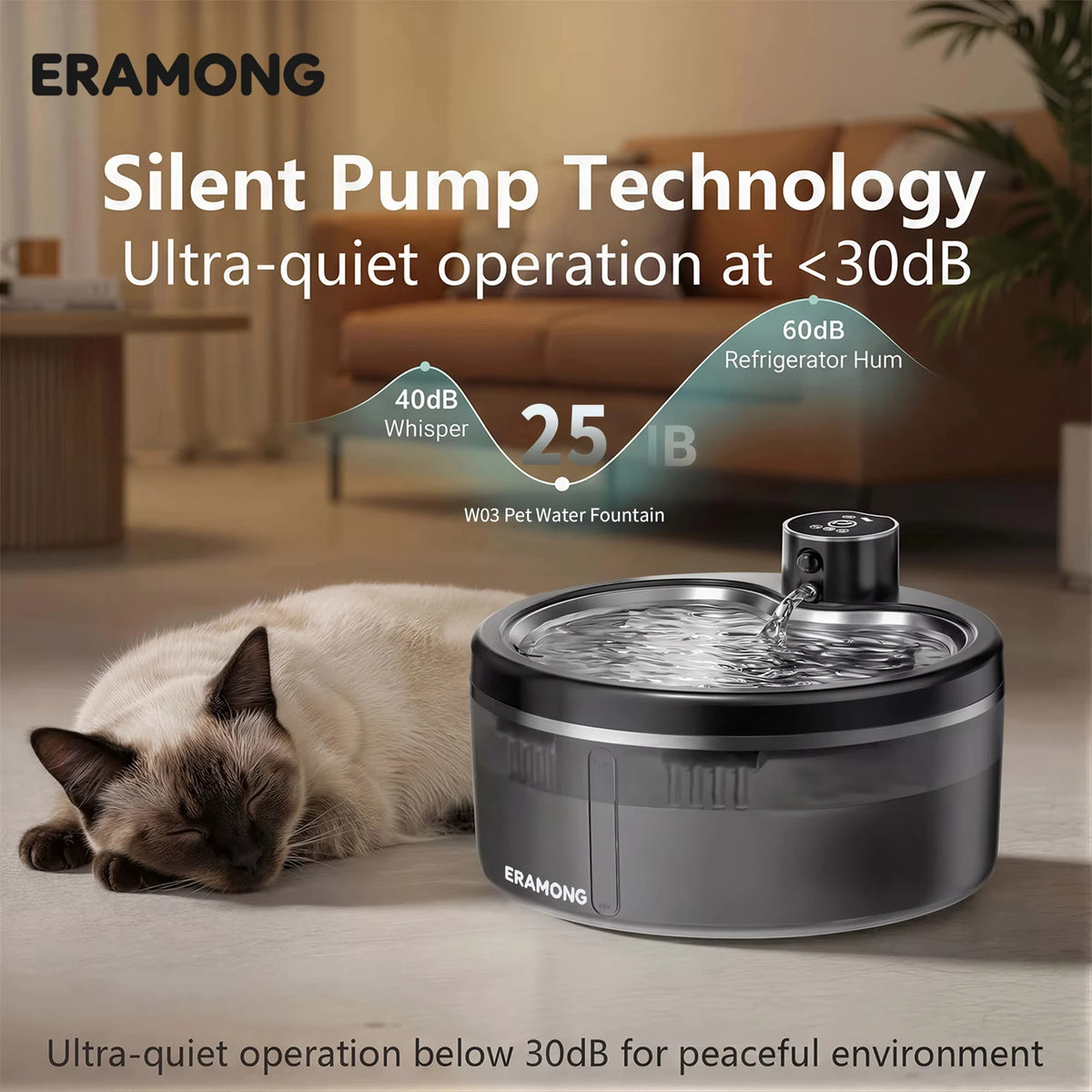 A black pet water fountain is shown next to a sleeping cat, emphasizing its ultra-quiet operation.