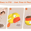 Three steps showing how to fill and use an interactive treat dispenser for dogs