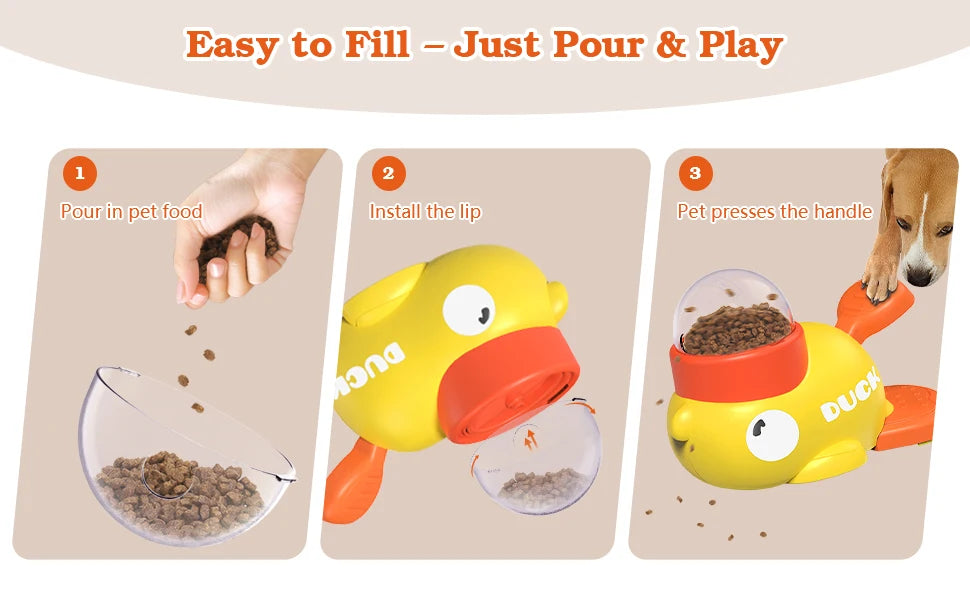 Three steps showing how to fill and use an interactive treat dispenser for dogs