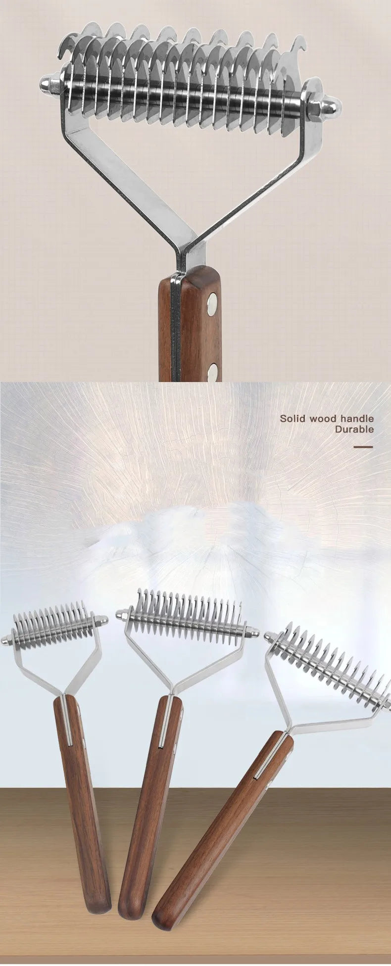 A set of double-sided dog grooming combs and brushes with solid wood handles.