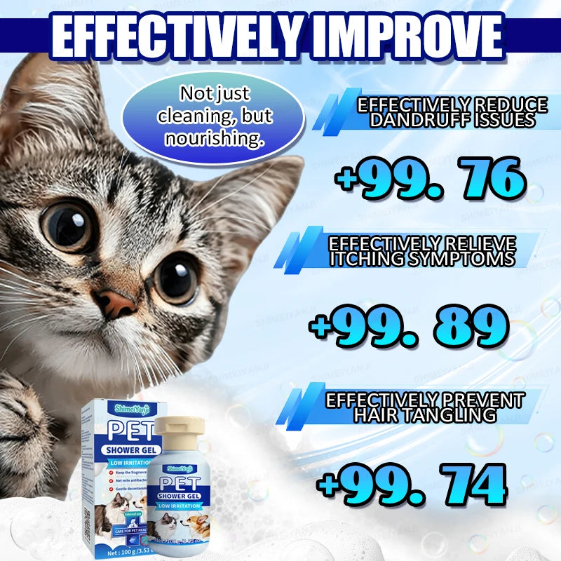 A bottle of PET Shower Gel for cats is shown with text indicating it effectively improves and reduces dandruff and itching.