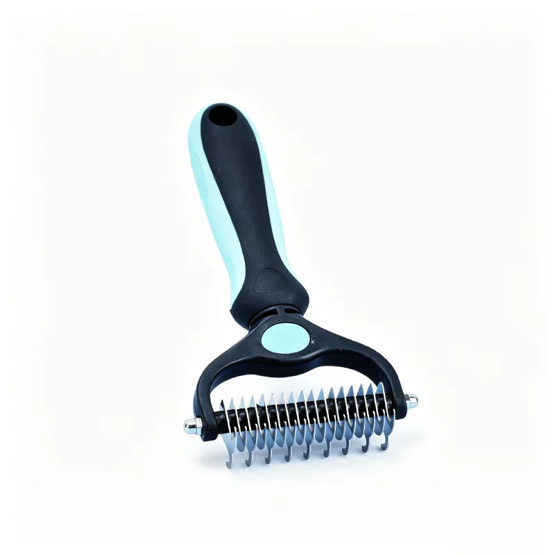 A black and light blue pet detangler comb and grooming brush with a curved handle and a metal comb attachment.