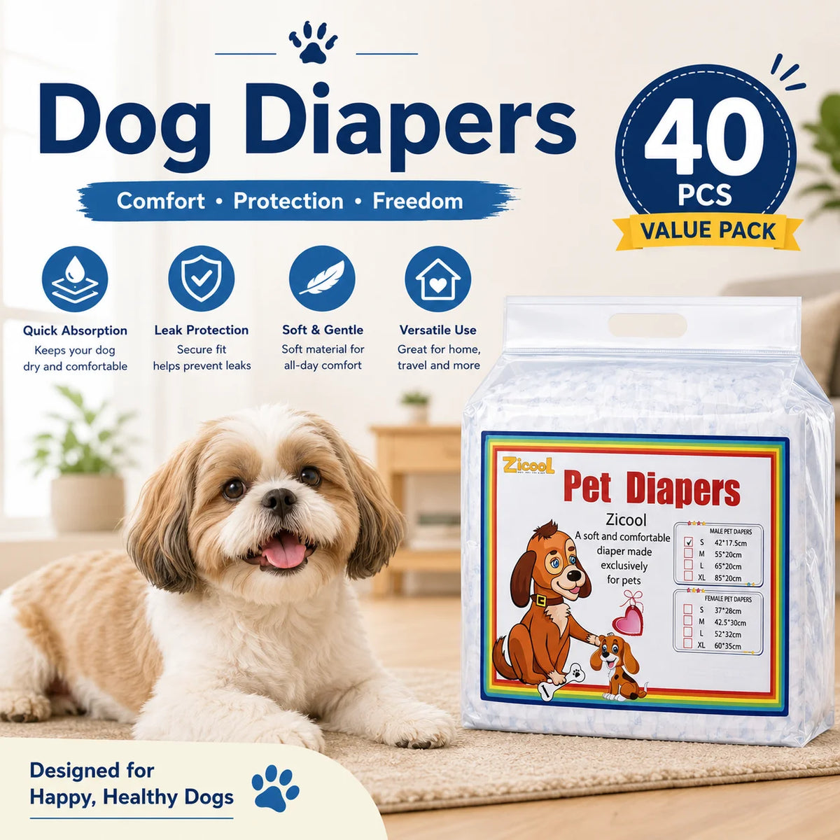 A package of Zicool dog diapers in a clear plastic container with a happy dog nearby.