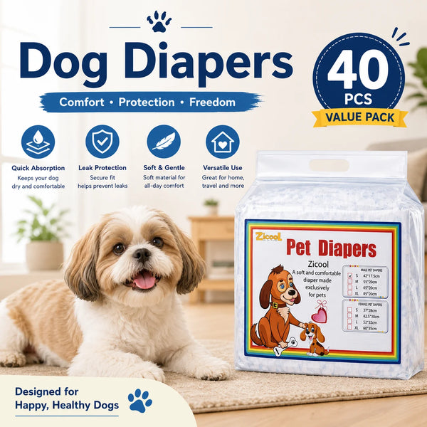 A package of Zicool dog diapers in a clear plastic container with a happy dog nearby.