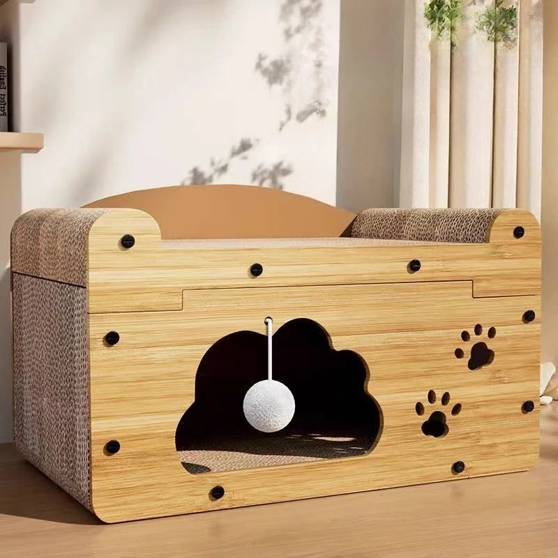 A wooden cat scratcher house and lounge bed with a padded base and a spherical toy inside.