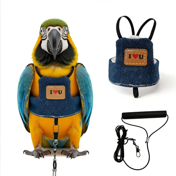 A yellow and blue parrot wearing an adjustable denim bird harness and flight leash set.