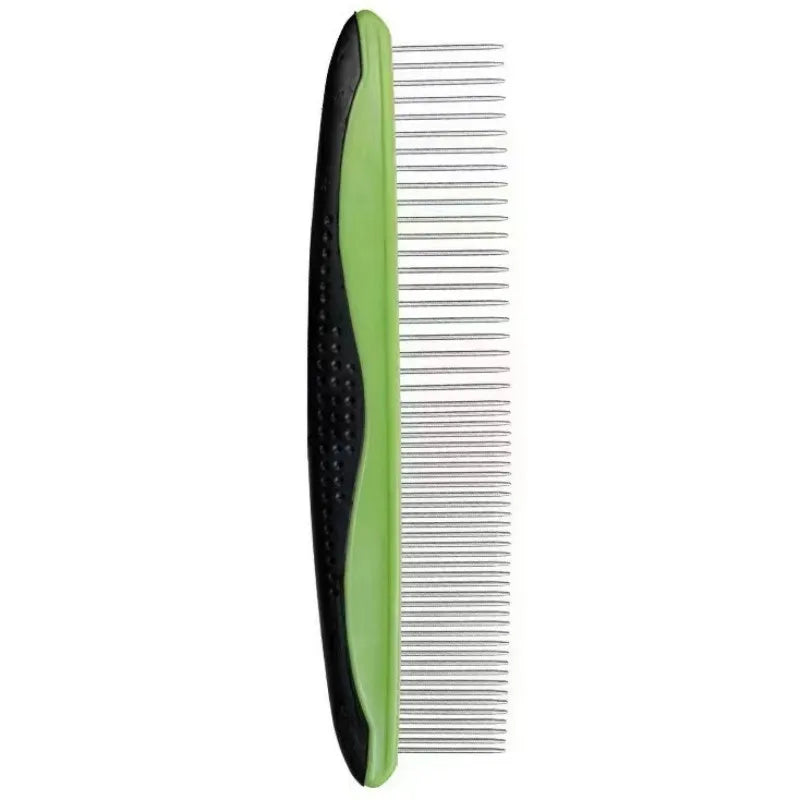 A close-up view of a stainless steel pet grooming comb with green and black handles.