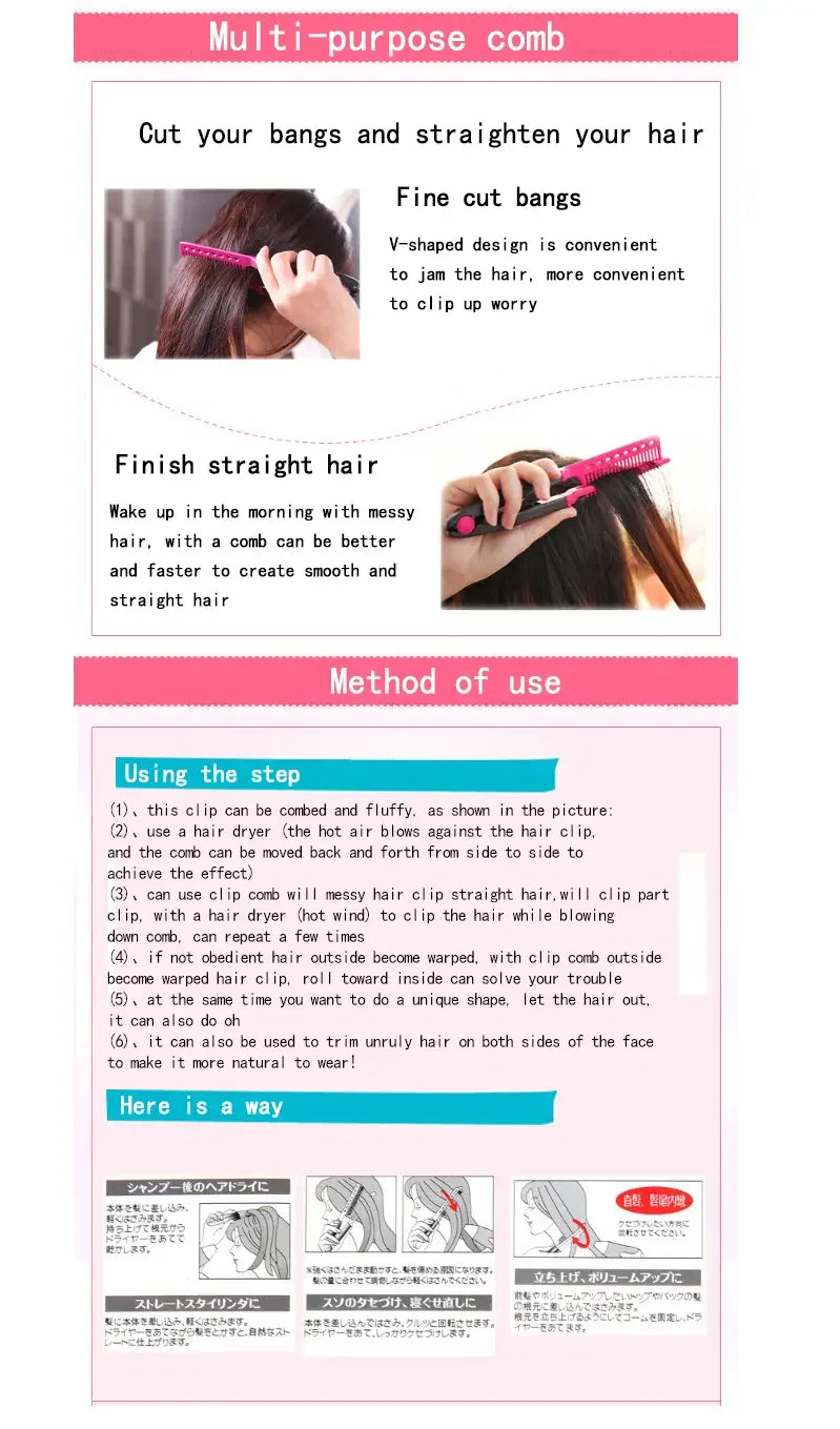 Peigne à cheveux rose en forme de V, utilisé pour couper les franges et lisser les cheveux.
