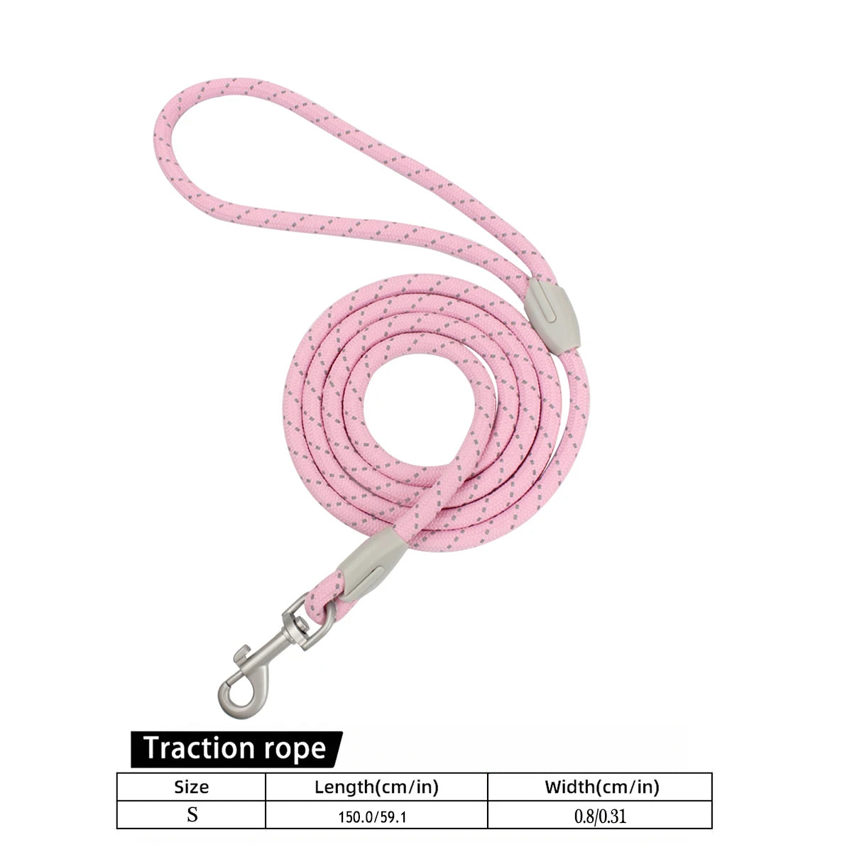 Pink reflective nylon traction rope dog leash with a quick-release clip and size specifications