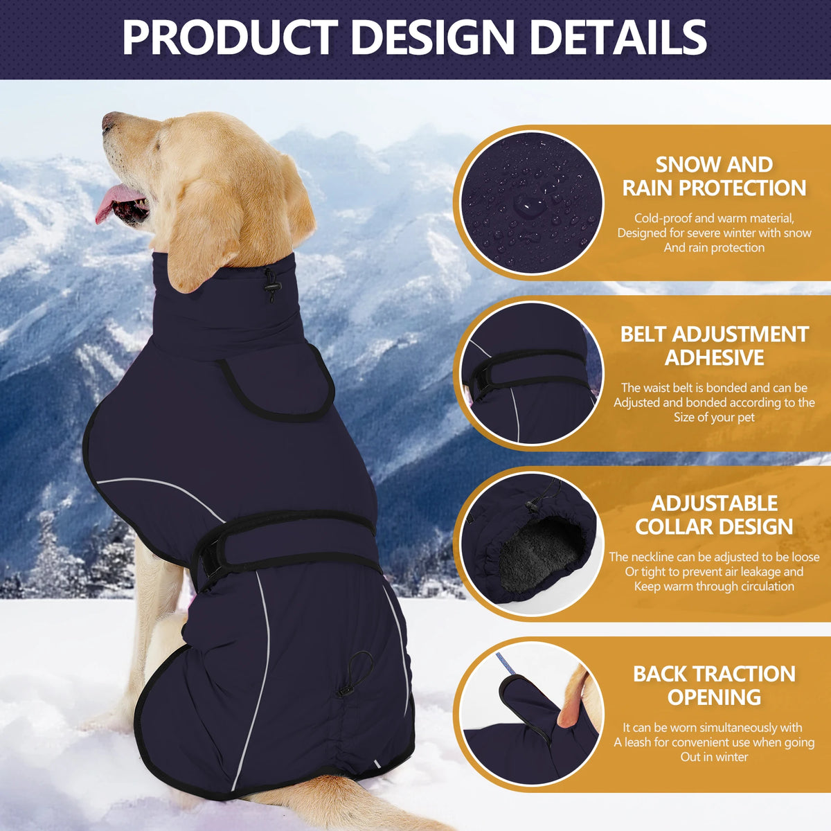 Hund trägt dunkelblaue Fleecejacke für Schnee und Regen mit verstellbarem Kragen und Gurt.