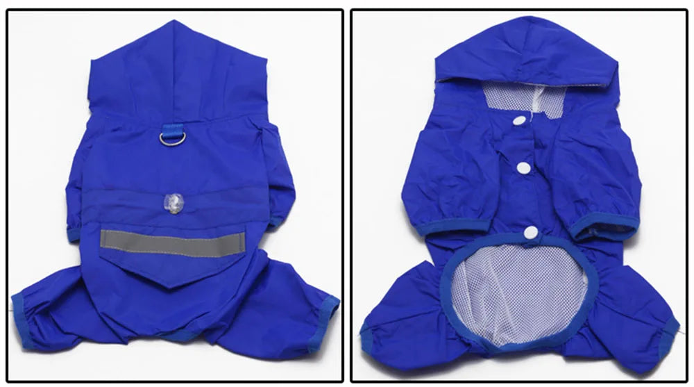 Veste de pluie bleue royale imperméable pour chien, vue de dessus.