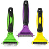 A set of two grooming tools, a pet detangler comb and a brush, in green and purple colors.
