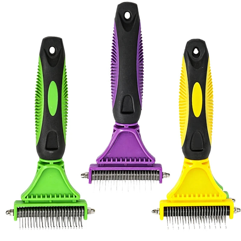 A set of two grooming tools, a pet detangler comb and a brush, in green and purple colors.