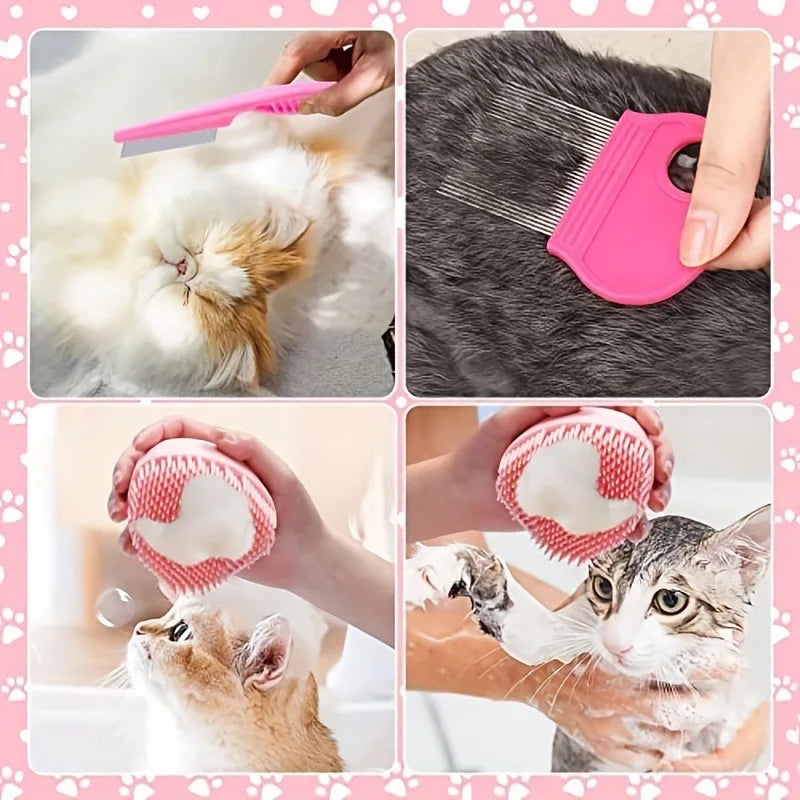 Un juego de herramientas de aseo rosa siendo usado en un gato y un perro.