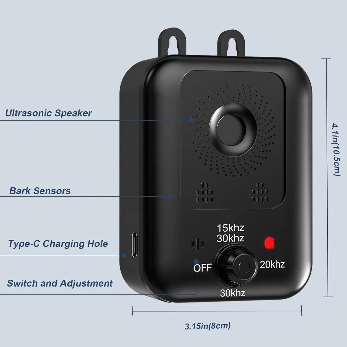 A black ultrasonic speaker device with bark sensors, a Type-C charging hole, and a switch and adjustment dial.