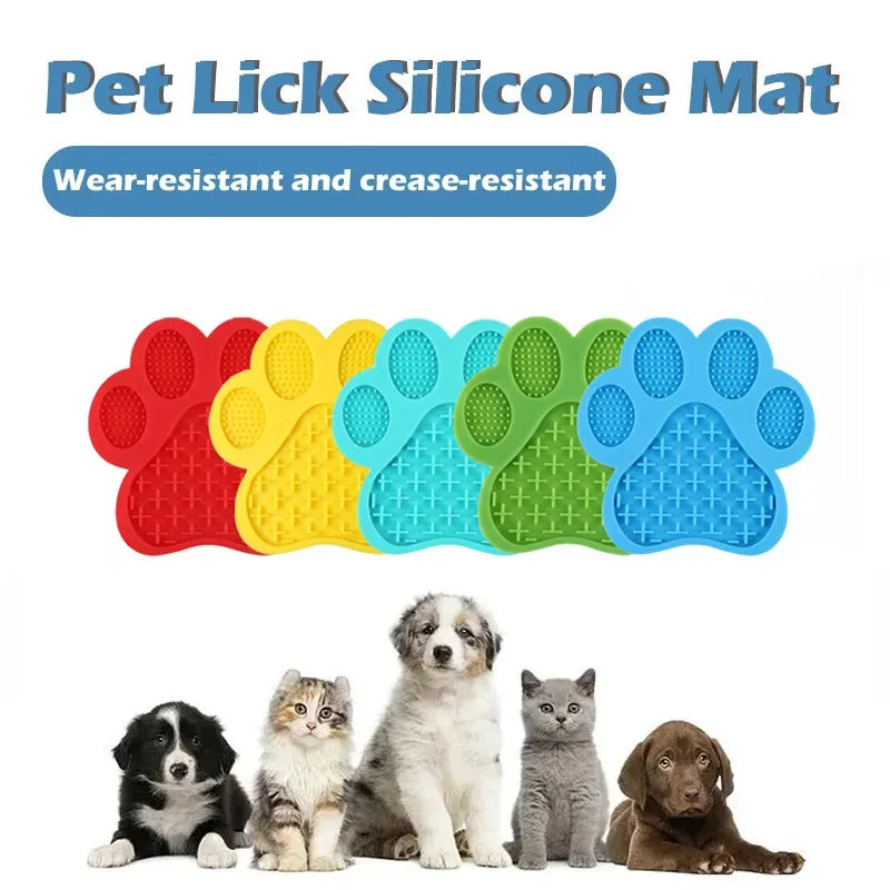 A collection of silicone pet lick mats in various colors, displayed alongside several dogs and cats.