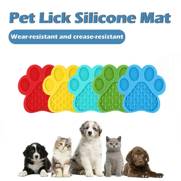 A collection of silicone pet lick mats in various colors, displayed alongside several dogs and cats.