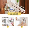 Installation guide showing how to easily install an adjustable cat door latch with a stabilizer on a wooden cabinet.